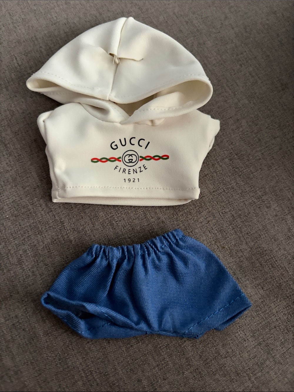 Labubu or XS doll Gucci Cream Hoodie Top with Blue Shorts Set